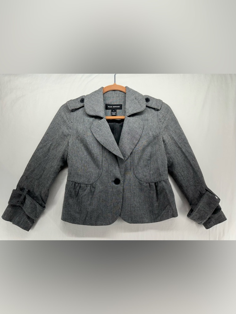 Club Monaco Crop Gray Twill Ruffle Peblem Button Collared Blazer Jacket Size 0‎